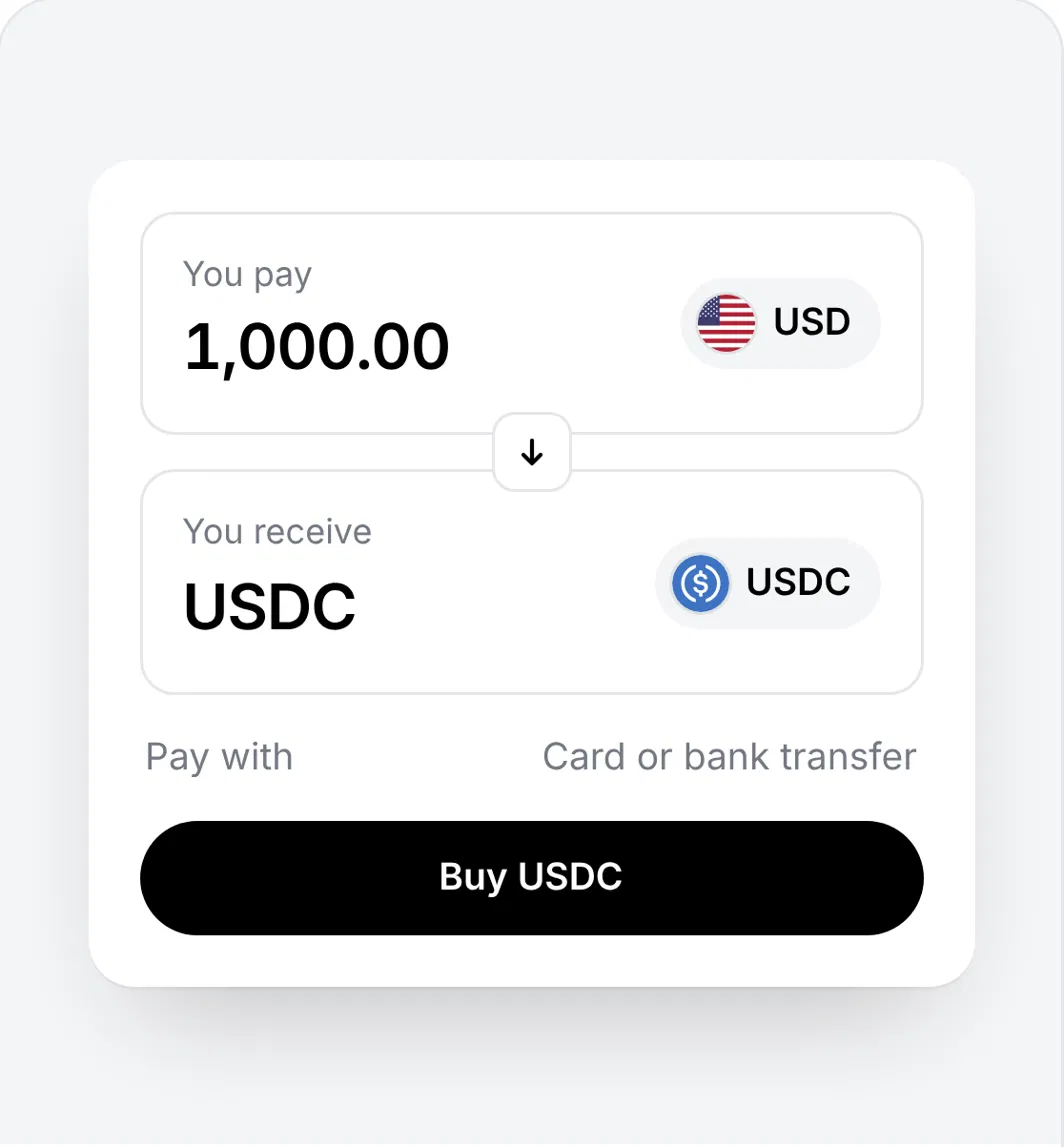 Buying USDC with dollars by card or bank transfer