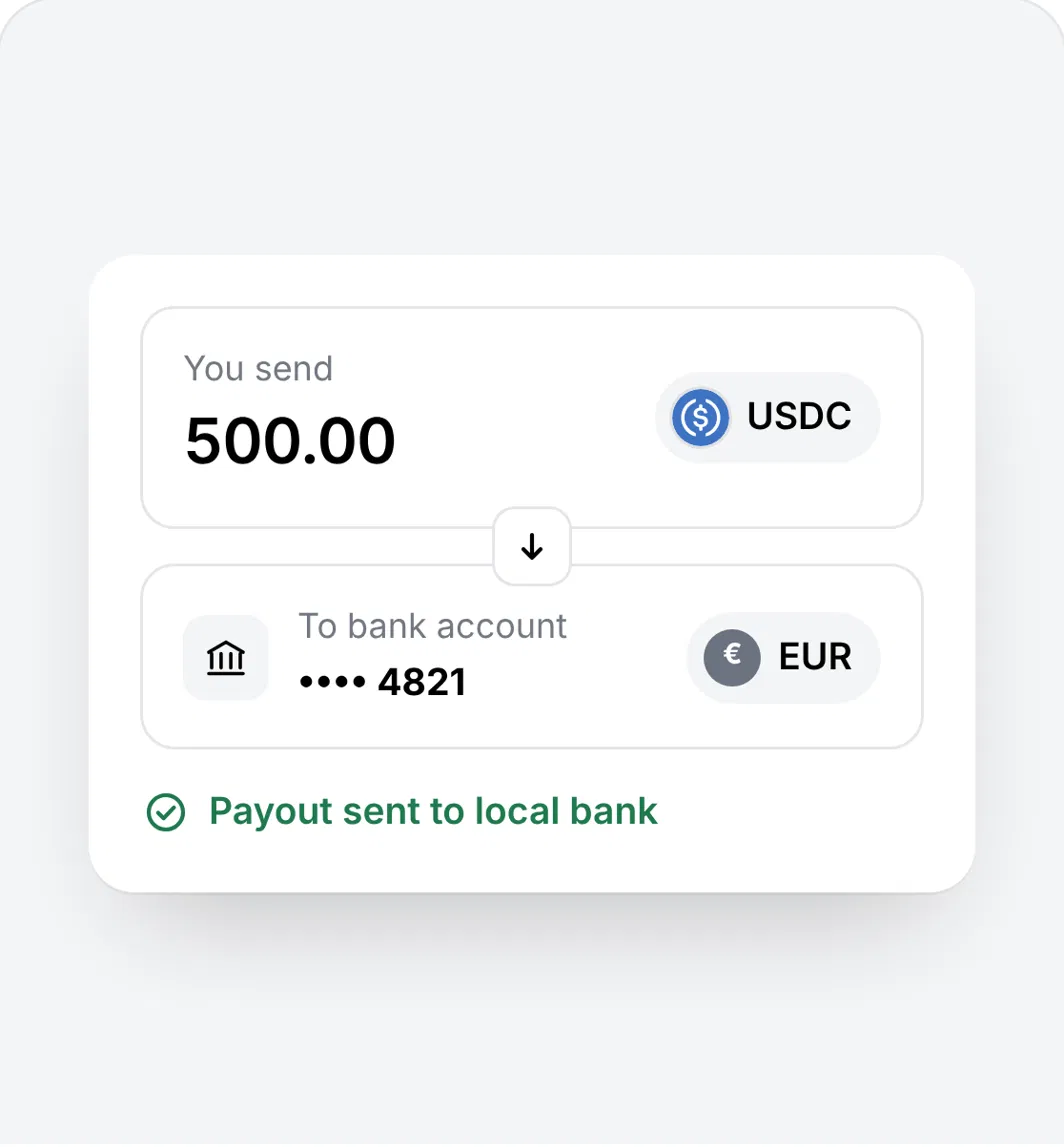 USDC payout sent to a local bank account