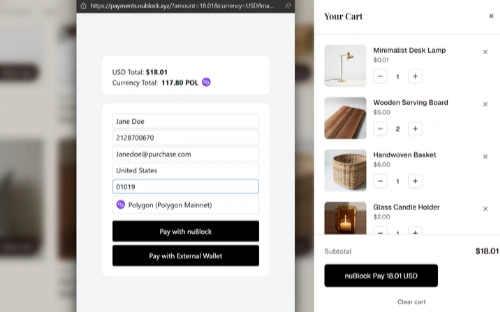 nuBlock Configure currency modal with Polygon, USDC, BNB, Chainlink options - nuBlock business checkout