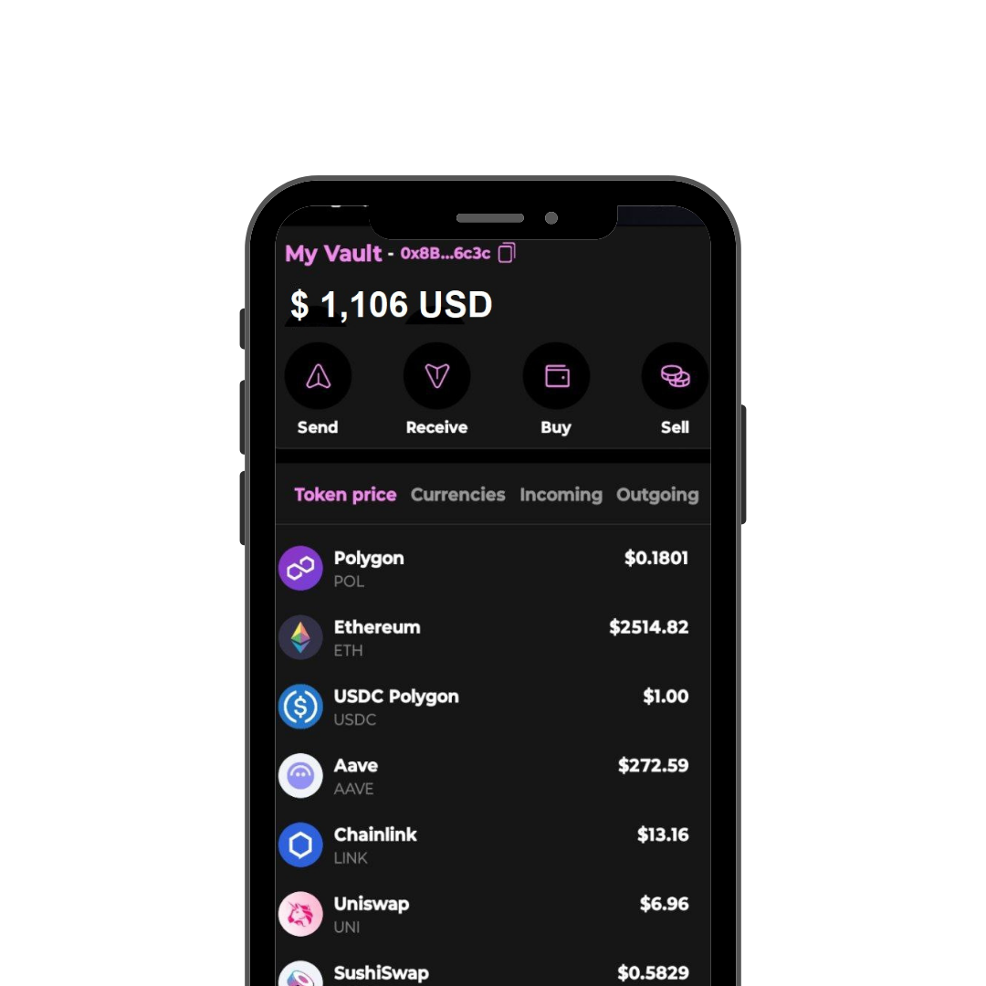 nuBlock wallet vault showing cryptocurrency portfolio with Polygon, Ethereum, USDC, and other digital assets