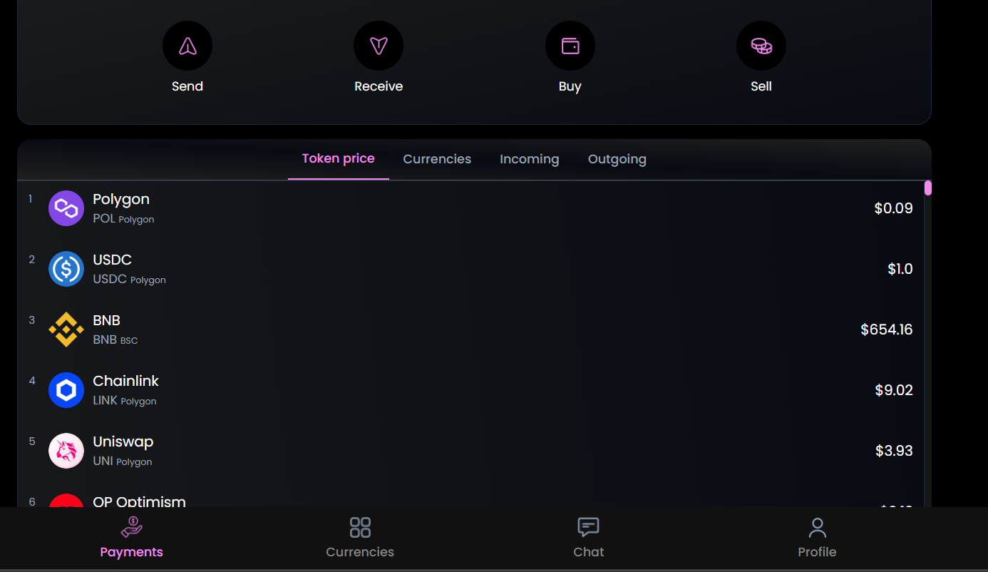 nuBlock Pay PWA - Live Currency Prices showing Polygon, USDC, BNB, Chainlink, Uniswap and more